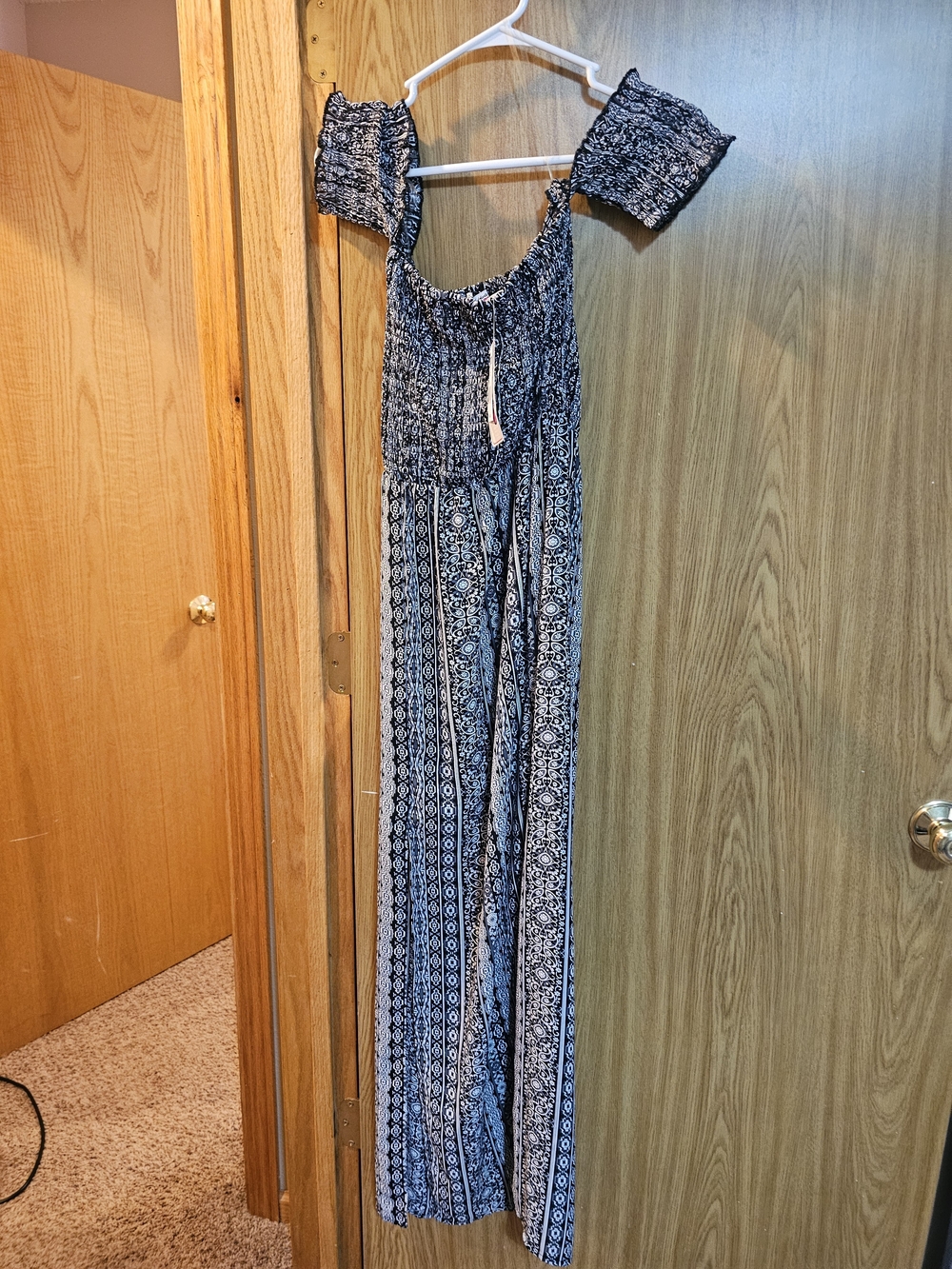 NWT Three Pink Hearts Boho Geometric Smocked Maxi Dress Black and White.